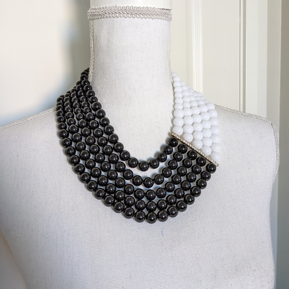 Vintage 5 Strand Color Block Beaded Statement Necklace Costume Jewelry